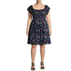 Terra & Sky Womens Plus Size 3X Floral Smocked Midi Dress With Ruffle Sleeves -